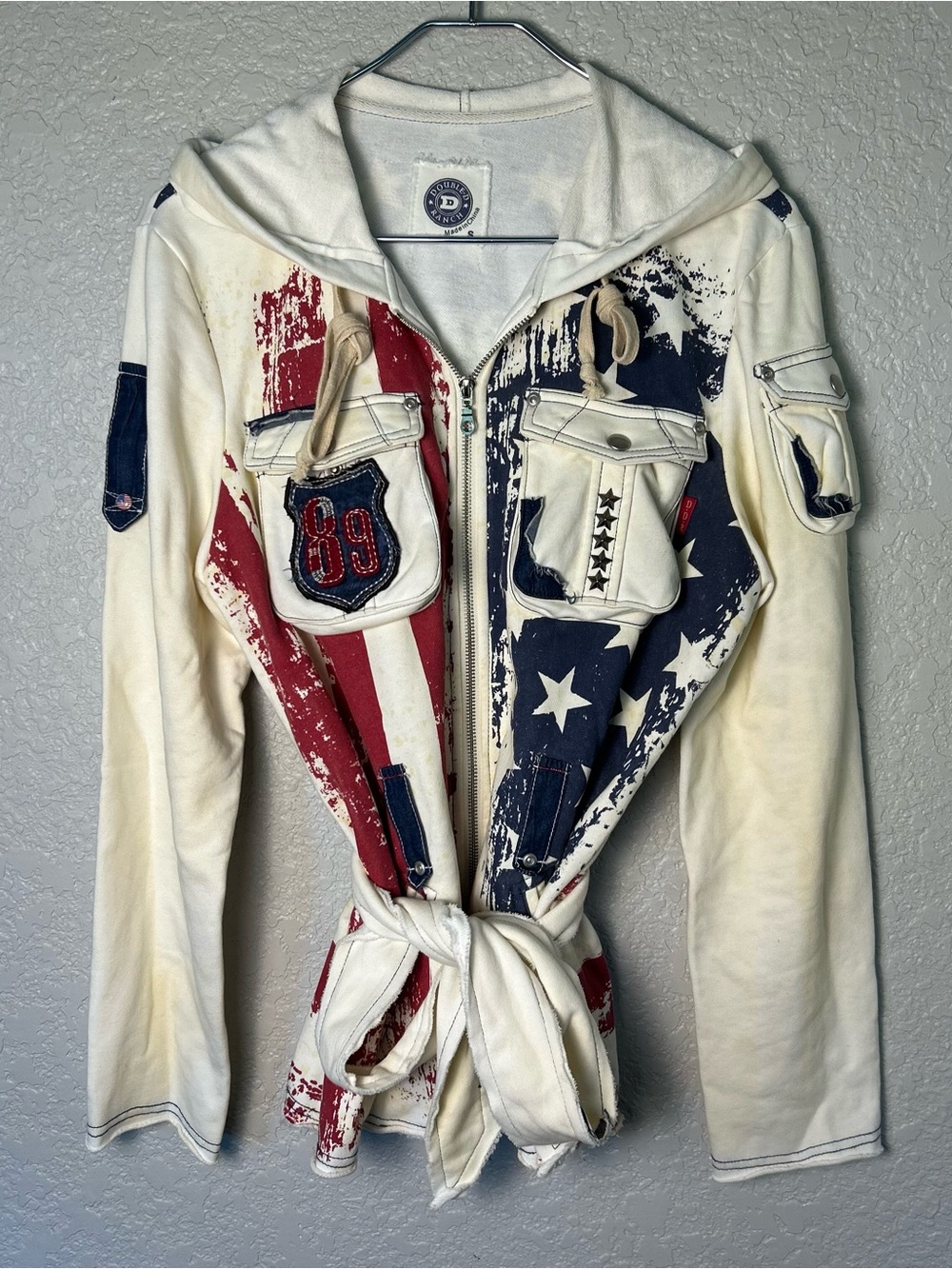 Double D Ranch Y2K Western Americana Flag Zip Hoodie Jacket Utility Cinch Waist